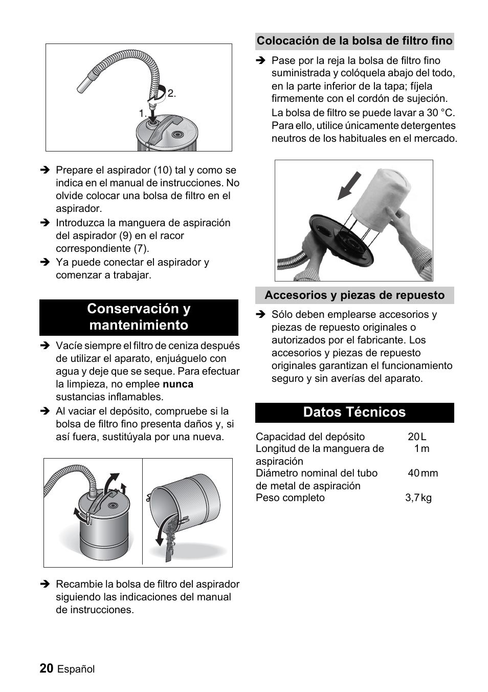 Conservación y mantenimiento, Datos técnicos | Karcher Filtr na hrubé nečistoty a popel Premium User Manual | Page 20 / 84