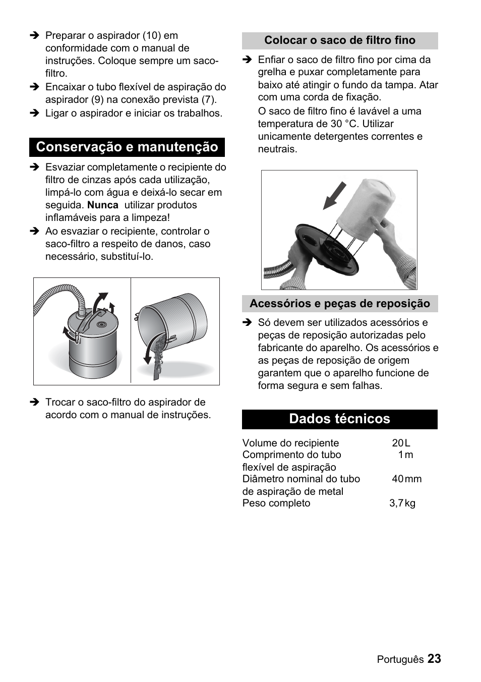 Conservação e manutenção, Dados técnicos | Karcher Filtr na hrubé nečistoty a popel Premium User Manual | Page 23 / 84