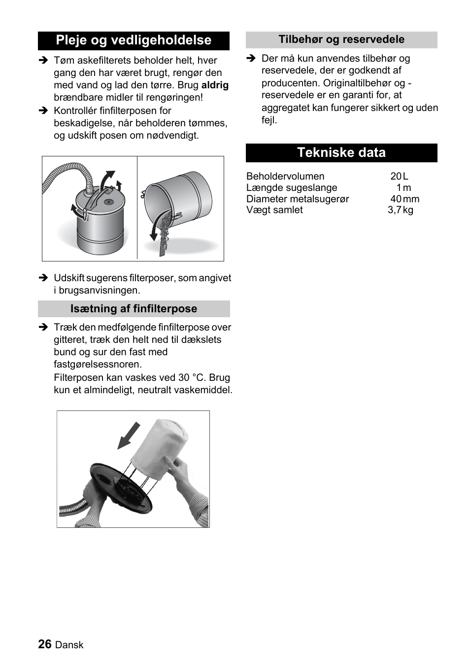 Pleje og vedligeholdelse, Tekniske data | Karcher Filtr na hrubé nečistoty a popel Premium User Manual | Page 26 / 84