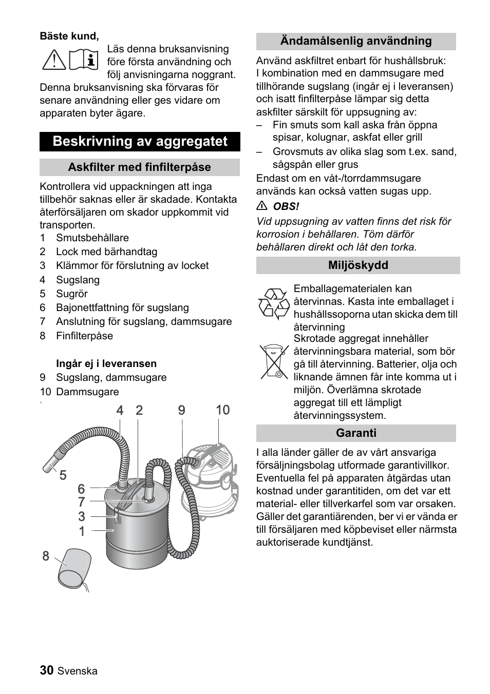 Beskrivning av aggregatet | Karcher Filtr na hrubé nečistoty a popel Premium User Manual | Page 30 / 84