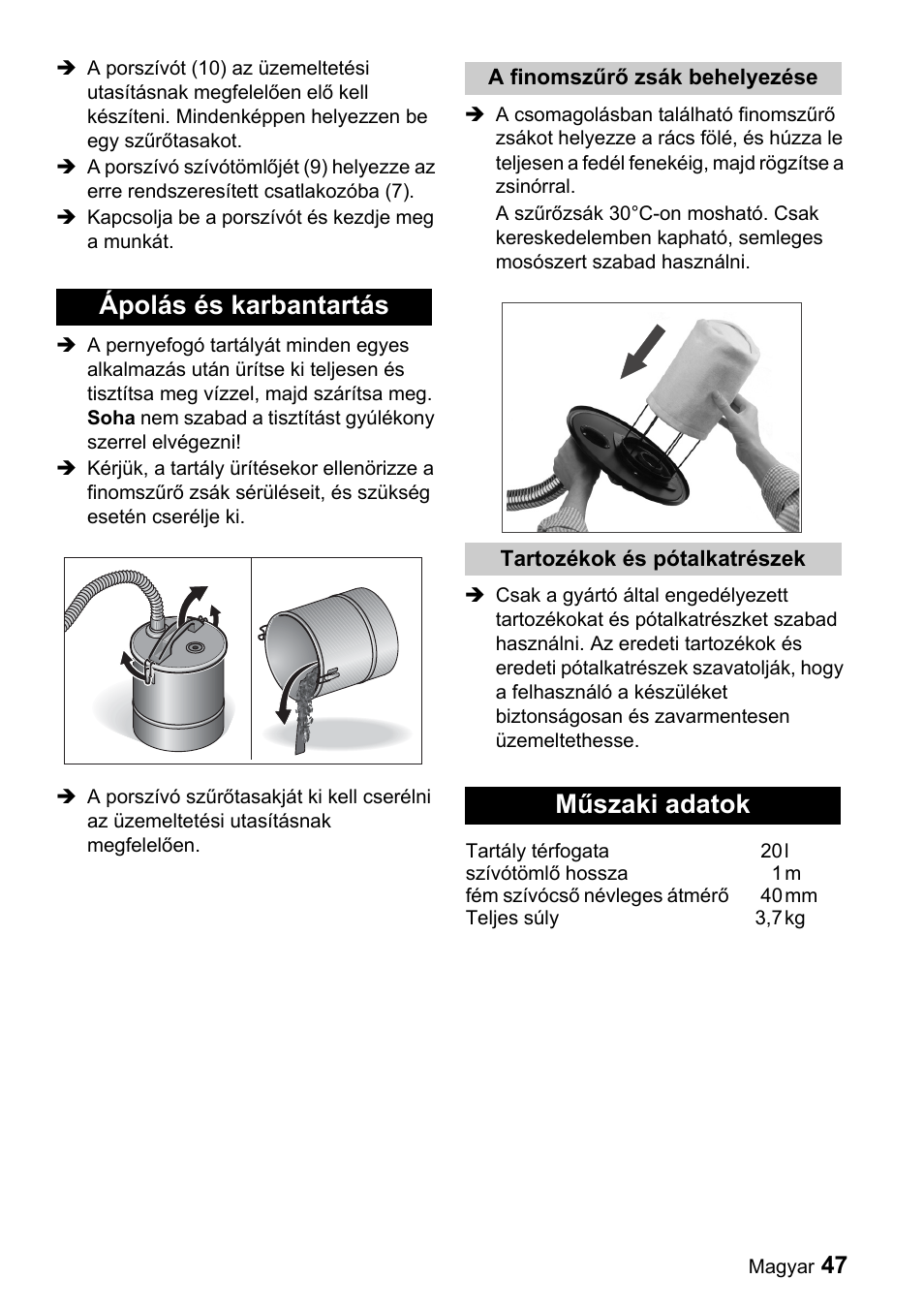 Ápolás és karbantartás, Műszaki adatok | Karcher Filtr na hrubé nečistoty a popel Premium User Manual | Page 47 / 84