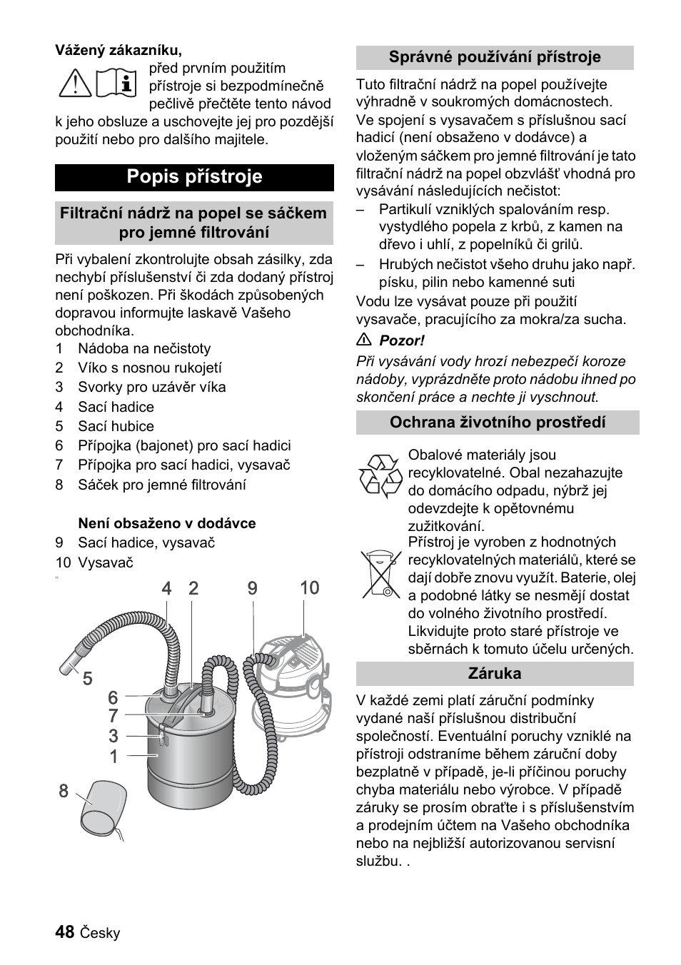 Popis přístroje | Karcher Filtr na hrubé nečistoty a popel Premium User Manual | Page 48 / 84