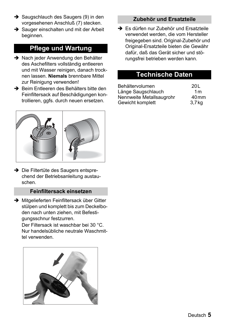 Pflege und wartung, Technische daten | Karcher Filtr na hrubé nečistoty a popel Premium User Manual | Page 5 / 84