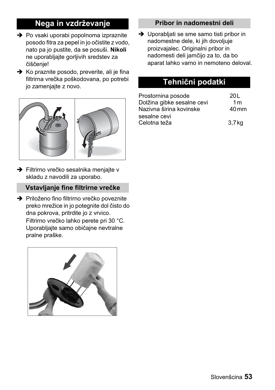 Nega in vzdrževanje, Tehnični podatki | Karcher Filtr na hrubé nečistoty a popel Premium User Manual | Page 53 / 84