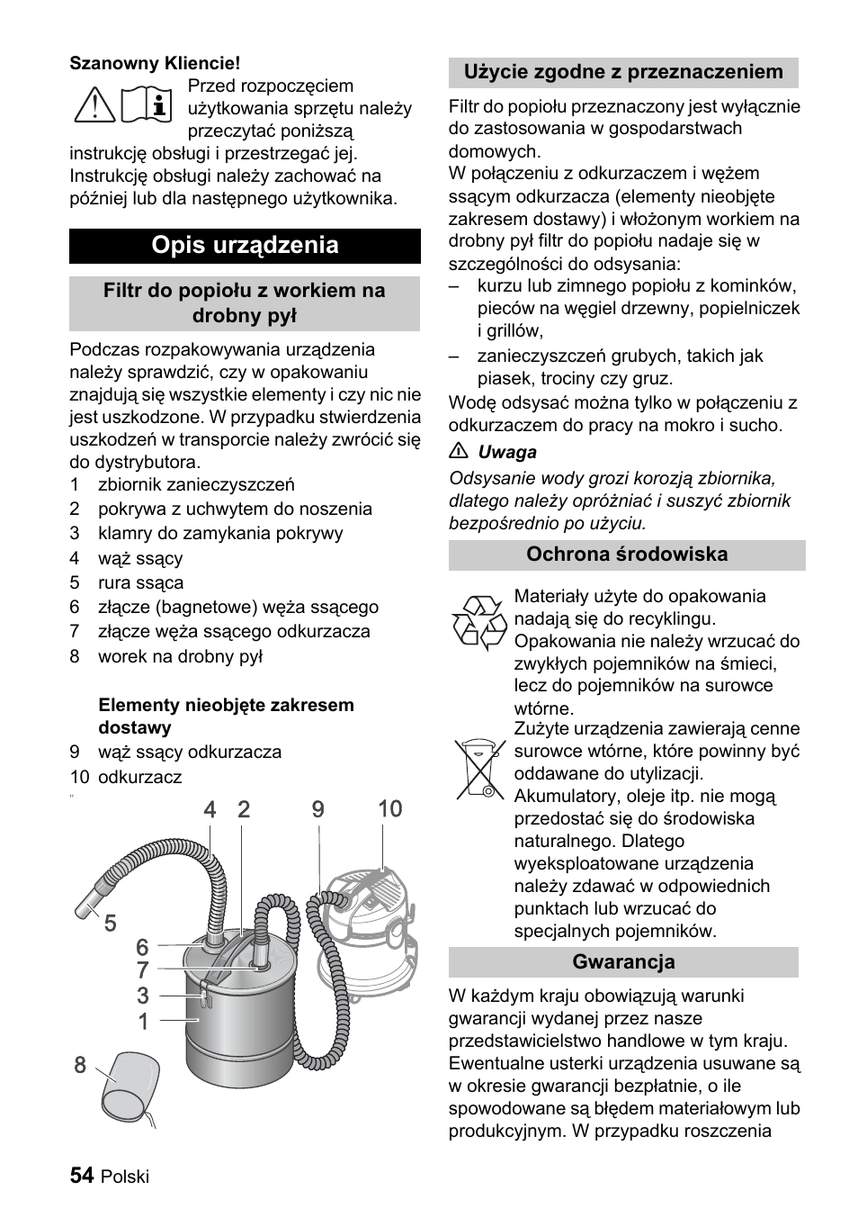 Opis urządzenia | Karcher Filtr na hrubé nečistoty a popel Premium User Manual | Page 54 / 84