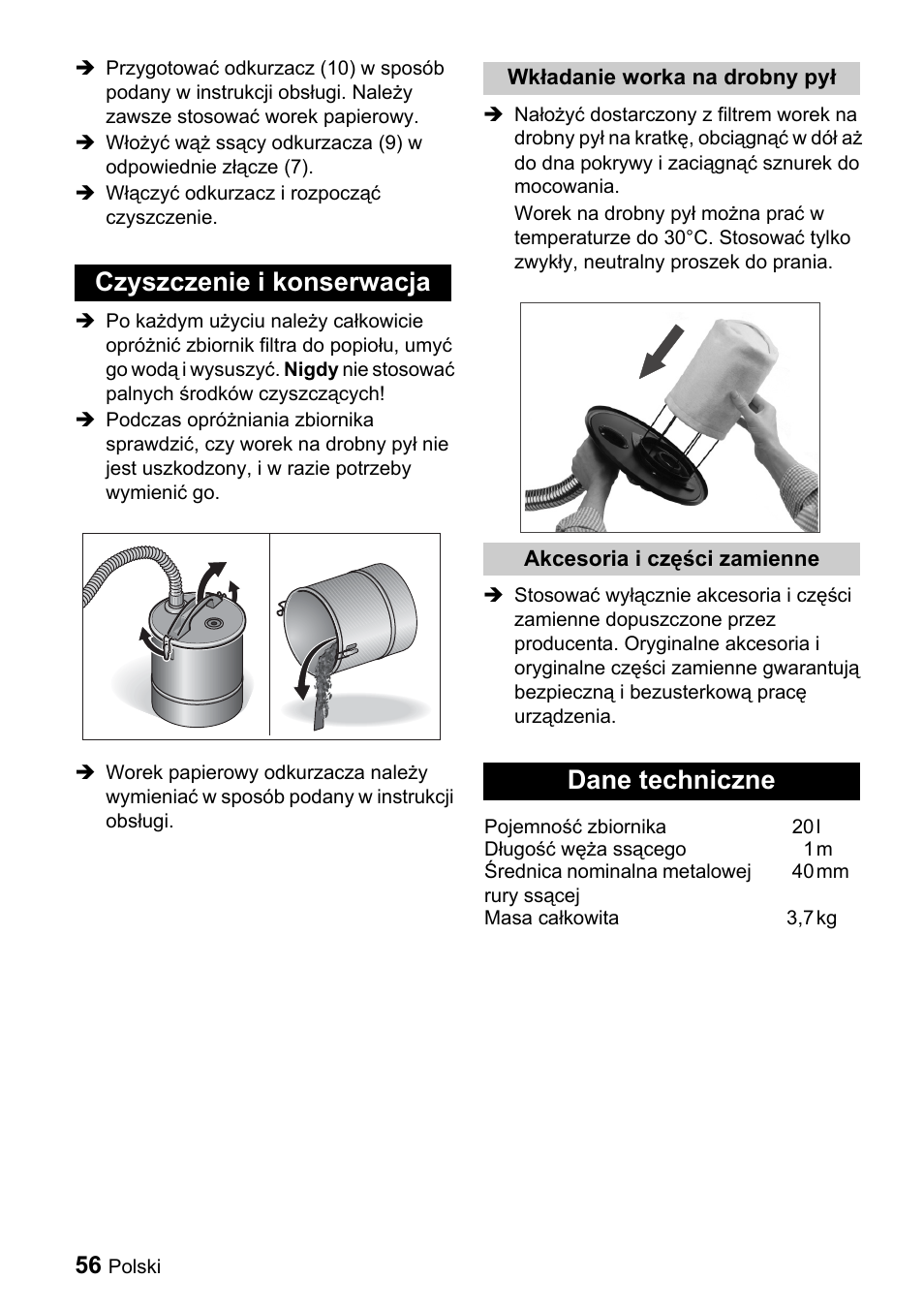 Czyszczenie i konserwacja, Dane techniczne | Karcher Filtr na hrubé nečistoty a popel Premium User Manual | Page 56 / 84