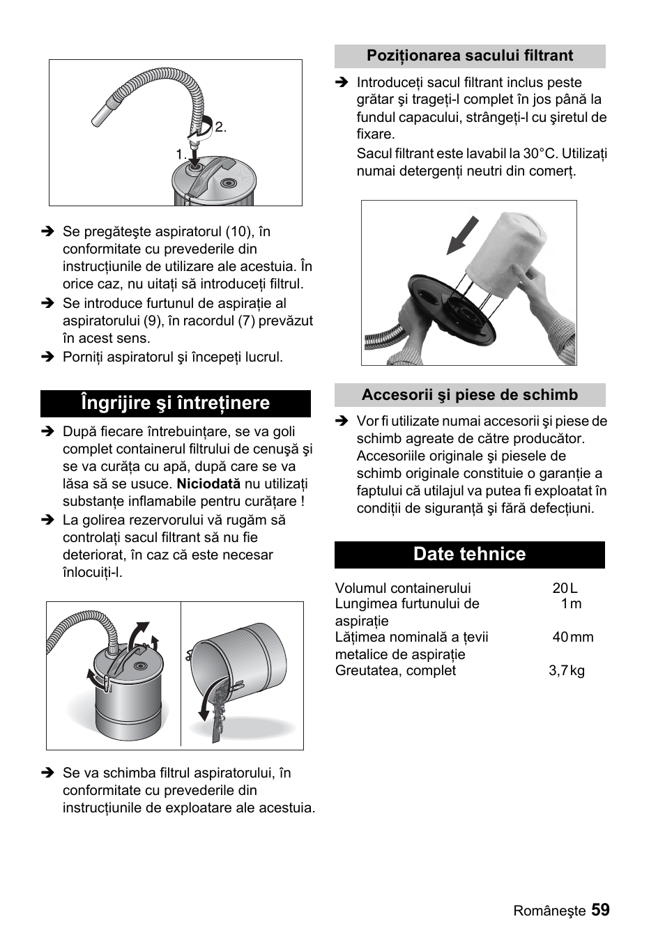 Îngrijire şi întreţinere, Date tehnice | Karcher Filtr na hrubé nečistoty a popel Premium User Manual | Page 59 / 84