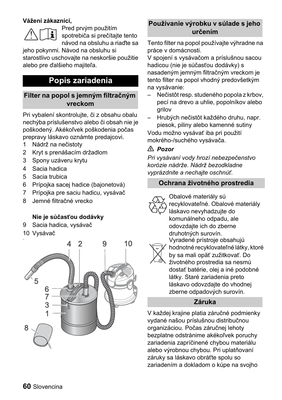 Popis zariadenia | Karcher Filtr na hrubé nečistoty a popel Premium User Manual | Page 60 / 84