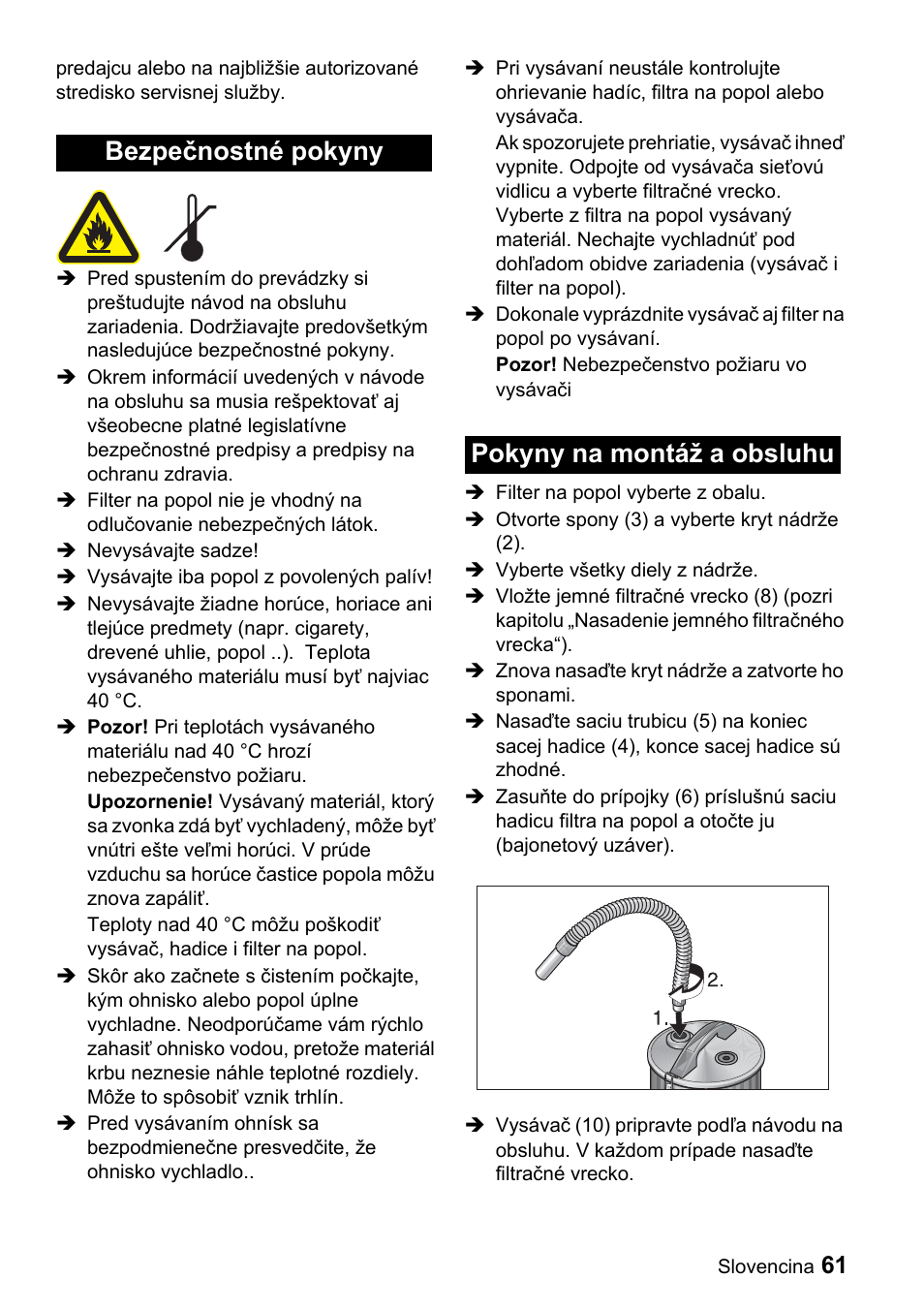 Bezpečnostné pokyny pokyny na montáž a obsluhu | Karcher Filtr na hrubé nečistoty a popel Premium User Manual | Page 61 / 84