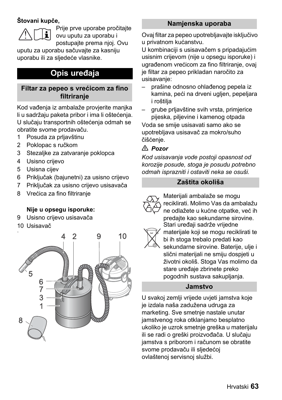 Opis uređaja | Karcher Filtr na hrubé nečistoty a popel Premium User Manual | Page 63 / 84