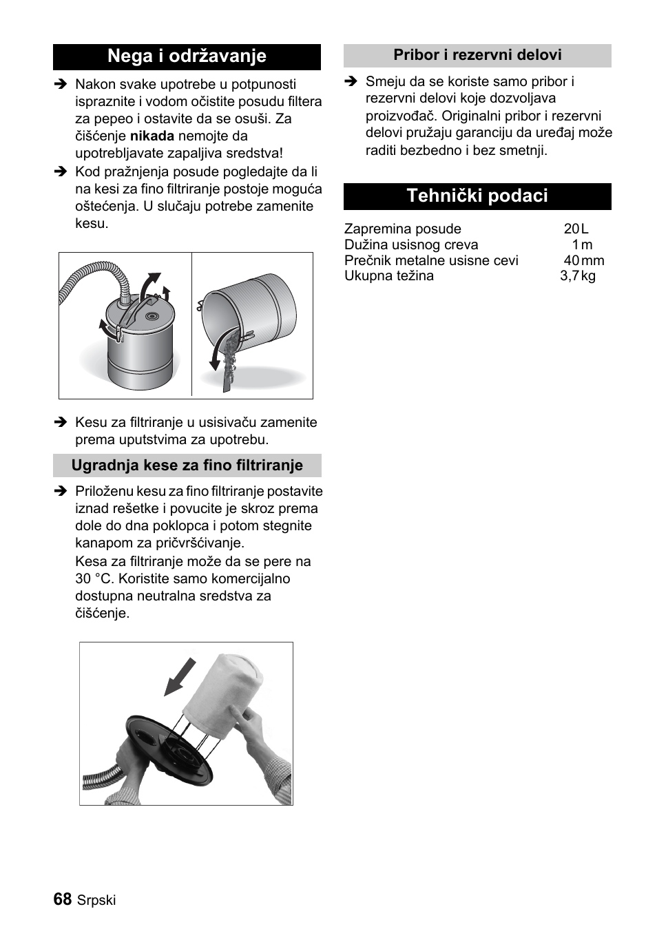 Nega i održavanje, Tehnički podaci | Karcher Filtr na hrubé nečistoty a popel Premium User Manual | Page 68 / 84