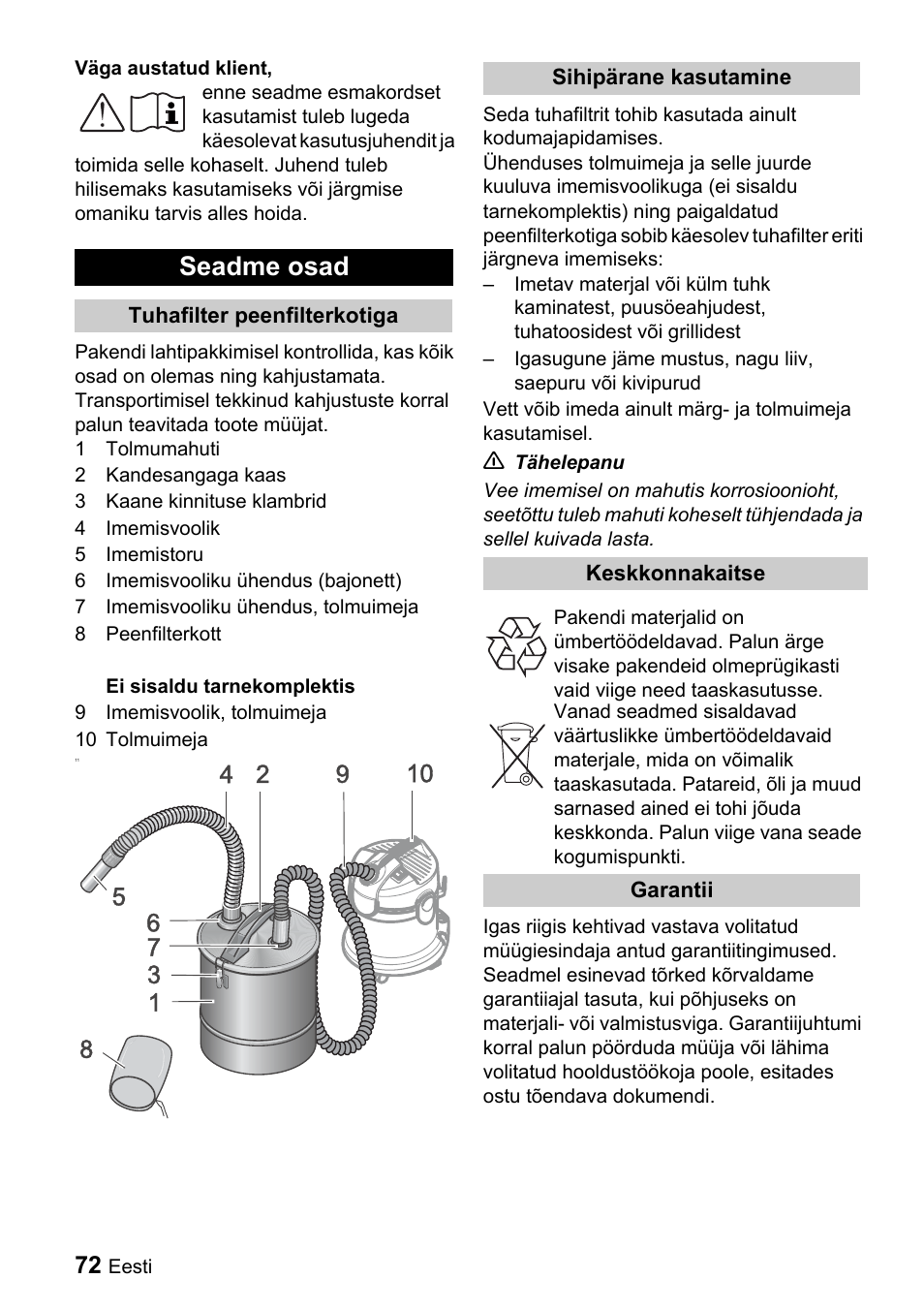 Seadme osad | Karcher Filtr na hrubé nečistoty a popel Premium User Manual | Page 72 / 84