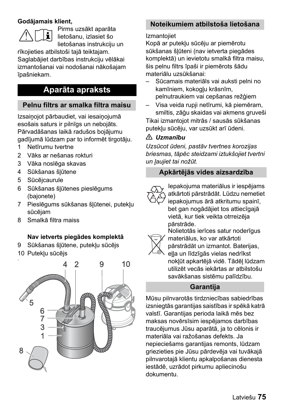 Aparāta apraksts | Karcher Filtr na hrubé nečistoty a popel Premium User Manual | Page 75 / 84