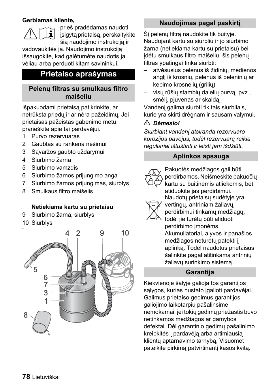 Prietaiso aprašymas | Karcher Filtr na hrubé nečistoty a popel Premium User Manual | Page 78 / 84