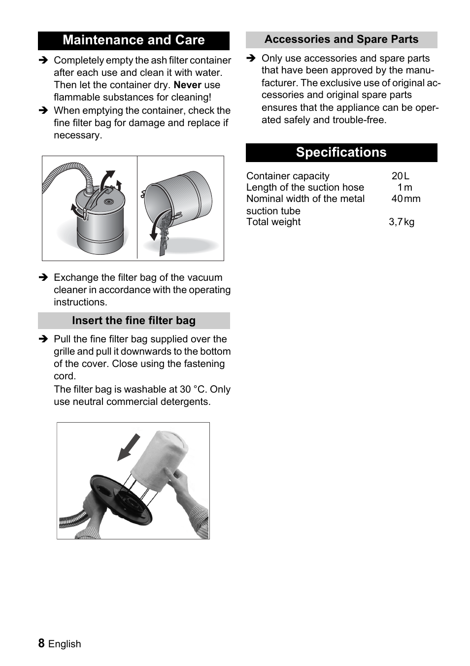 Maintenance and care, Specifications | Karcher Filtr na hrubé nečistoty a popel Premium User Manual | Page 8 / 84