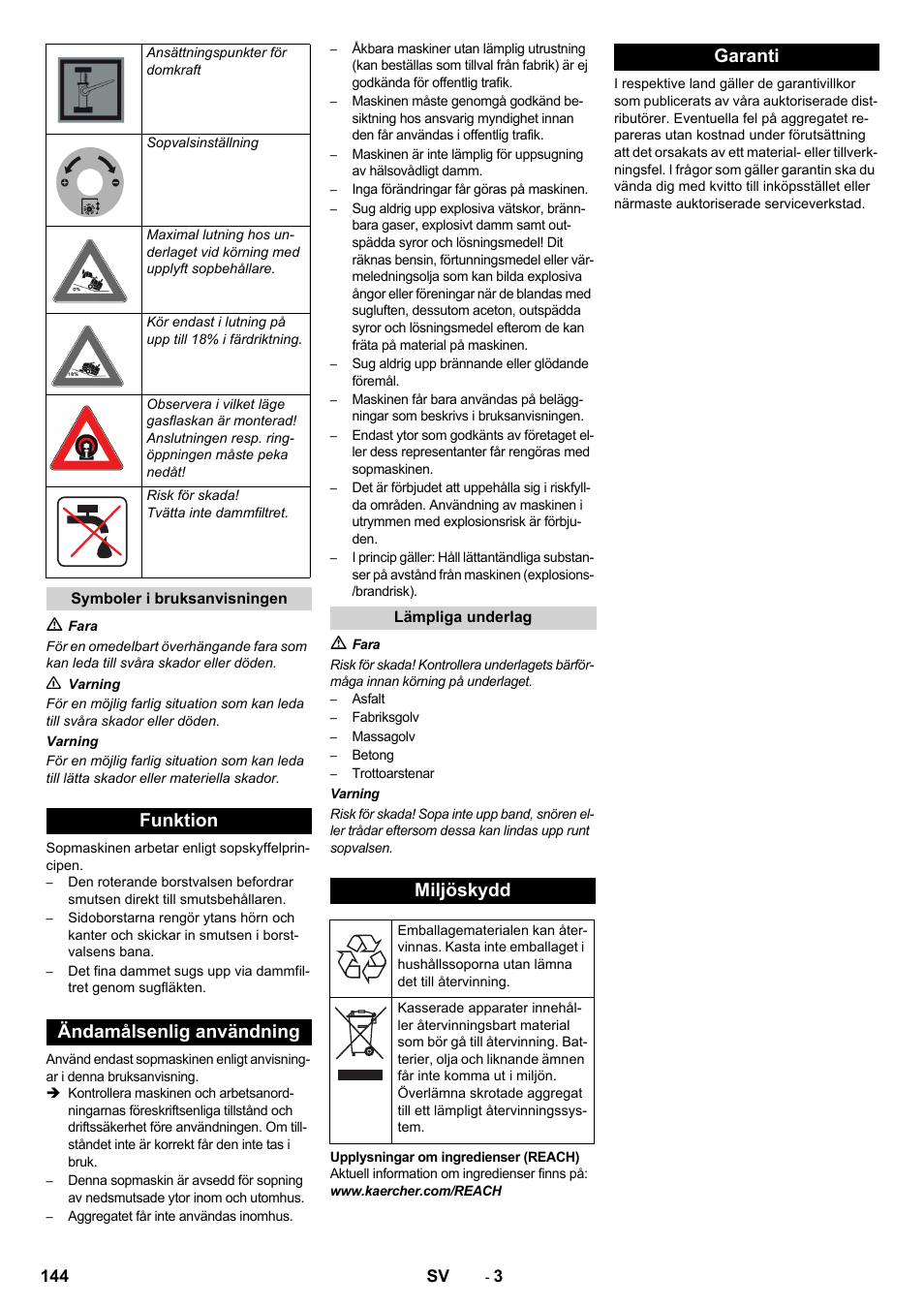 Funktion ändamålsenlig användning, Miljöskydd, Garanti | Karcher KM 170-600 R Lpg User Manual | Page 144 / 472