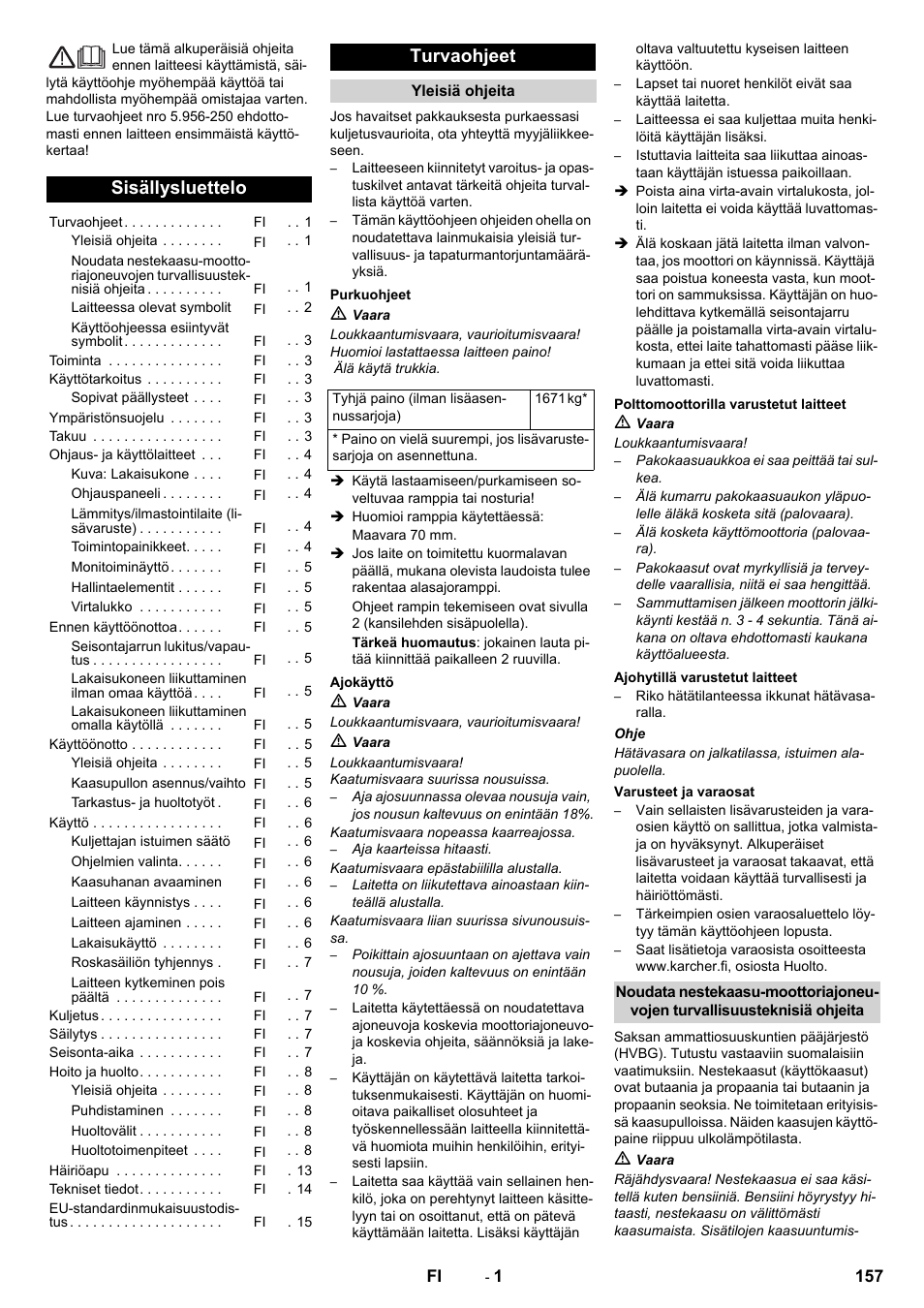 Suomi, Sisällysluettelo, Turvaohjeet | Karcher KM 170-600 R Lpg User Manual | Page 157 / 472