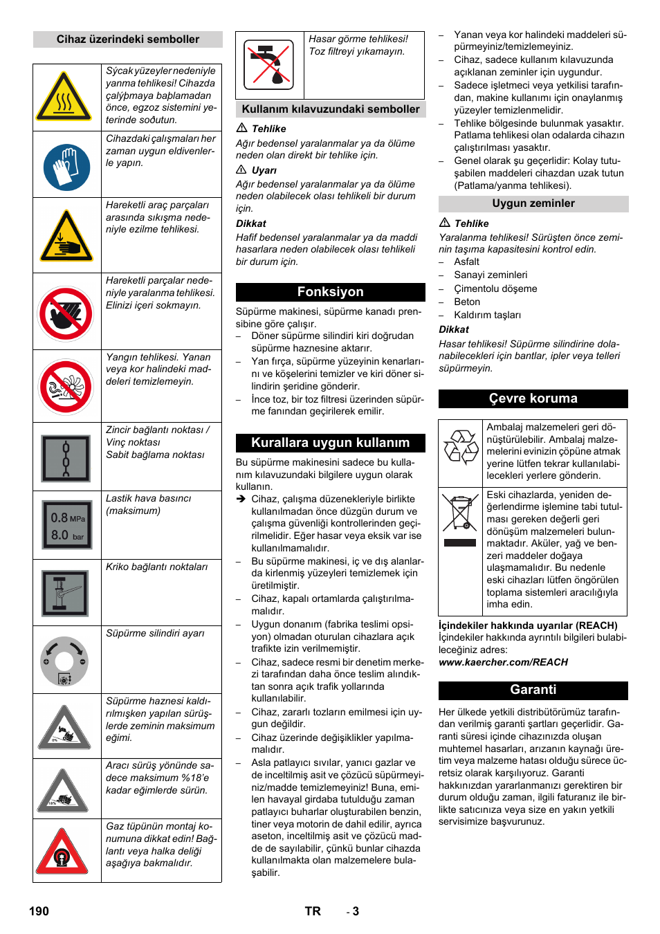 Fonksiyon kurallara uygun kullanım, Çevre koruma, Garanti | Karcher KM 170-600 R Lpg User Manual | Page 190 / 472