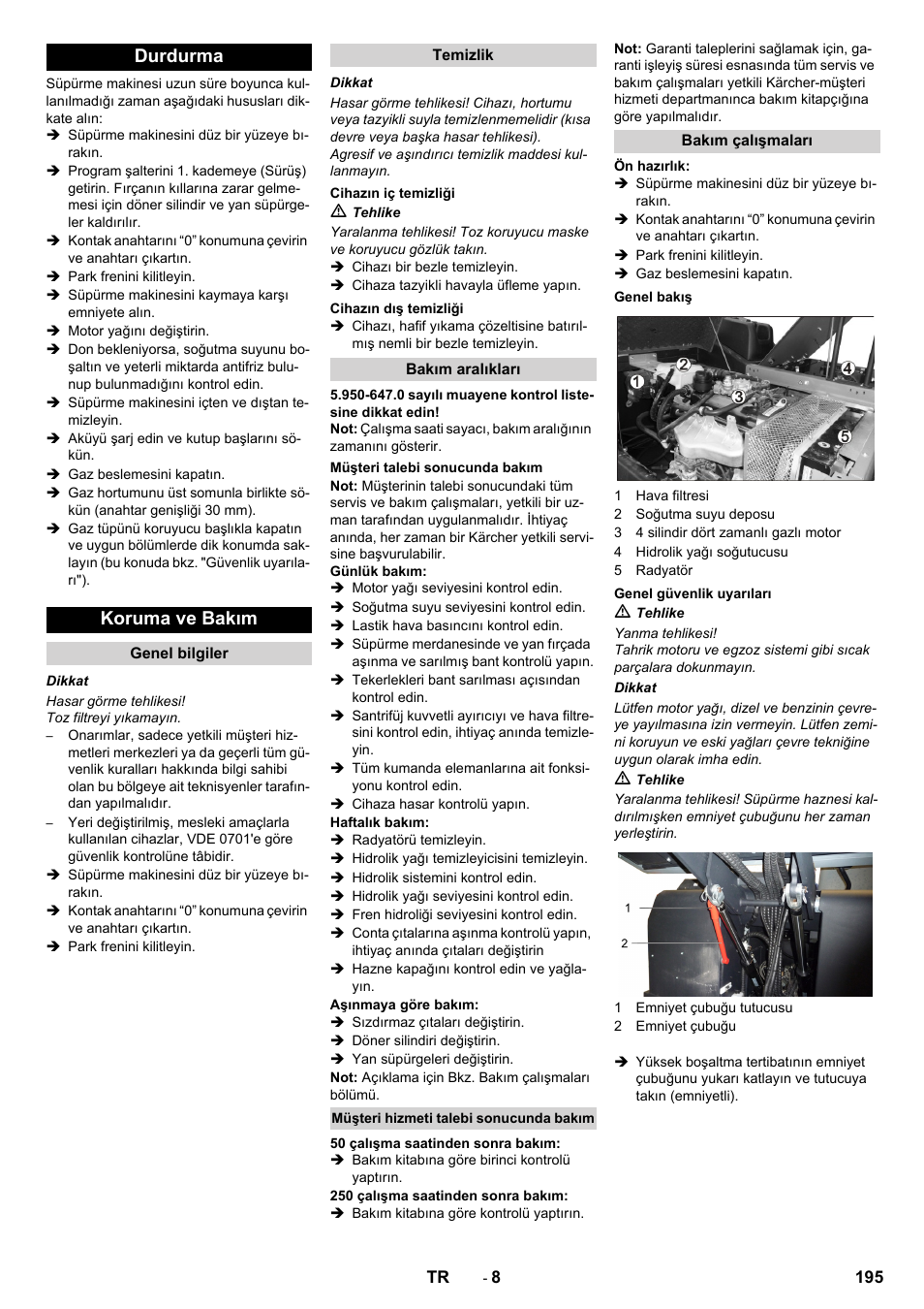 Durdurma koruma ve bakım | Karcher KM 170-600 R Lpg User Manual | Page 195 / 472