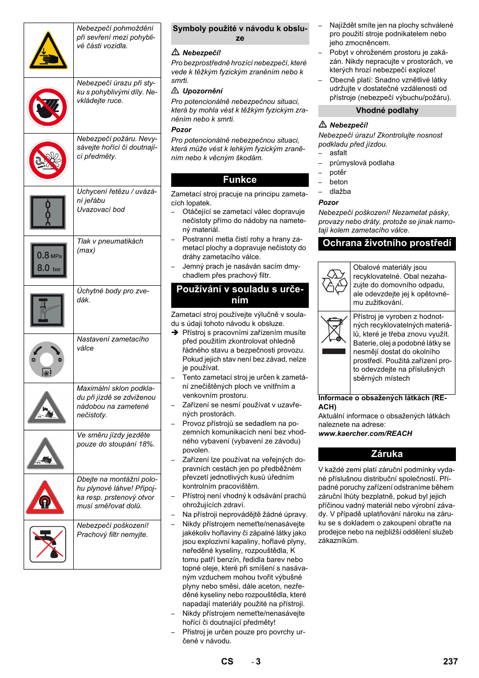 Funkce používání v souladu s urče- ním, Ochrana životního prostředí, Záruka | Karcher KM 170-600 R Lpg User Manual | Page 237 / 472