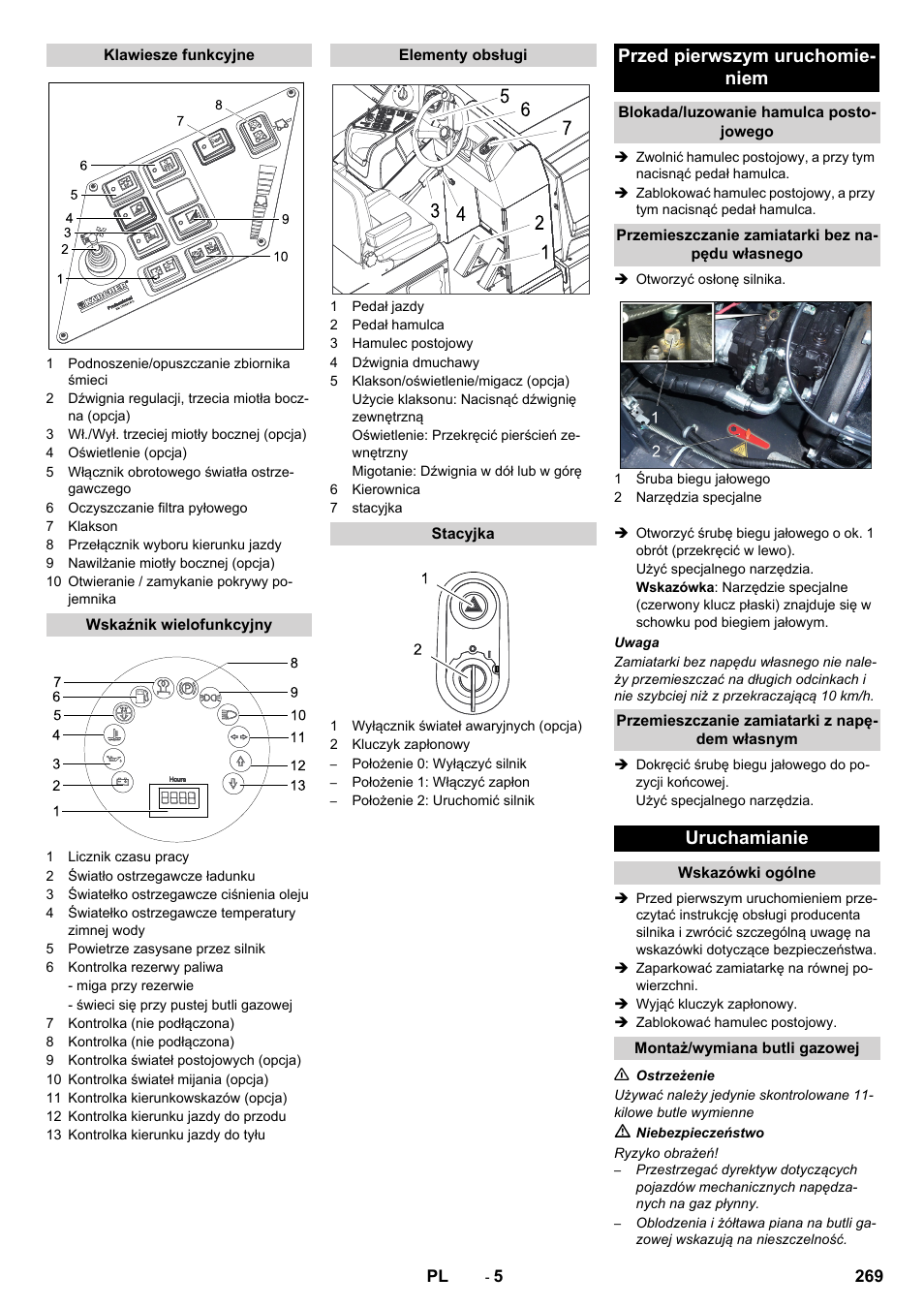 Przed pierwszym uruchomie- niem, Uruchamianie | Karcher KM 170-600 R Lpg User Manual | Page 269 / 472