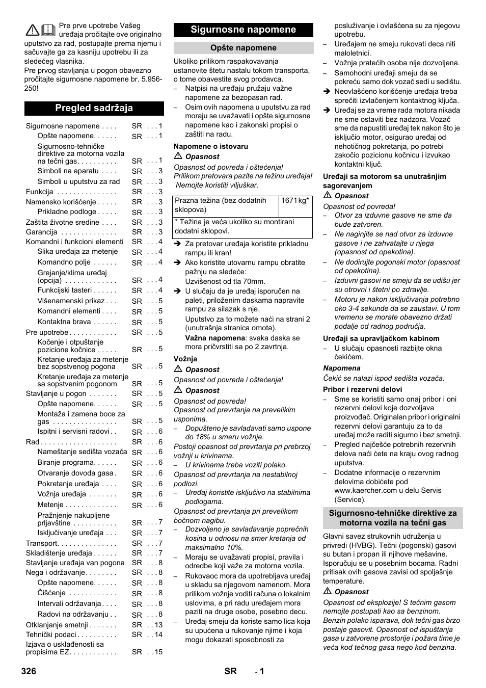 Srpski, Pregled sadržaja, Sigurnosne napomene | Karcher KM 170-600 R Lpg User Manual | Page 326 / 472