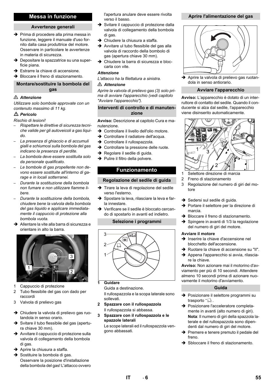 Messa in funzione, Funzionamento | Karcher KM 170-600 R Lpg User Manual | Page 55 / 472