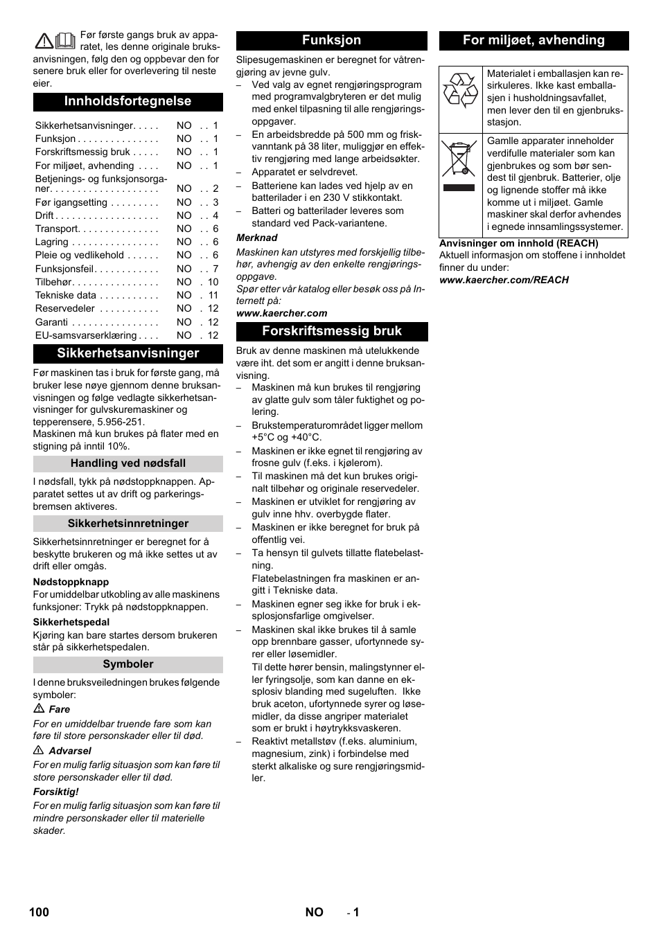 Norsk, Innholdsfortegnelse, Sikkerhetsanvisninger | Karcher BD 50-40 RS Bp User Manual | Page 100 / 332