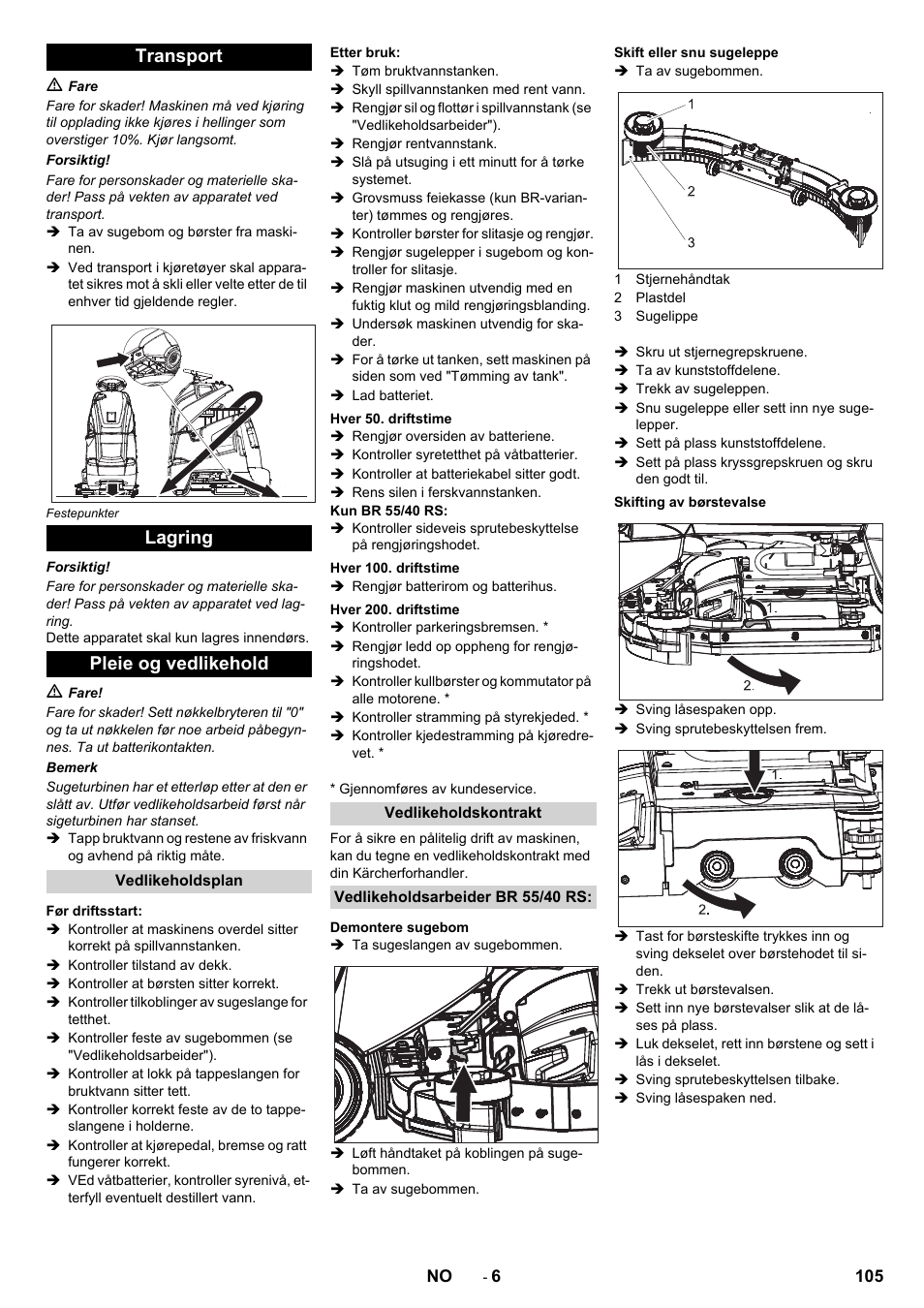 Transport lagring pleie og vedlikehold | Karcher BD 50-40 RS Bp User Manual | Page 105 / 332