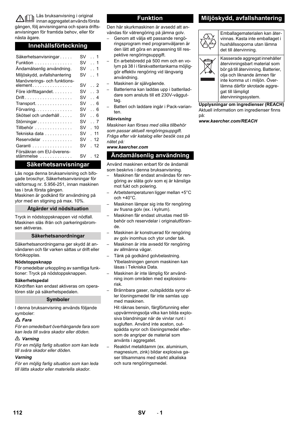 Svenska, Innehållsförteckning, Säkerhetsanvisningar | Karcher BD 50-40 RS Bp User Manual | Page 112 / 332