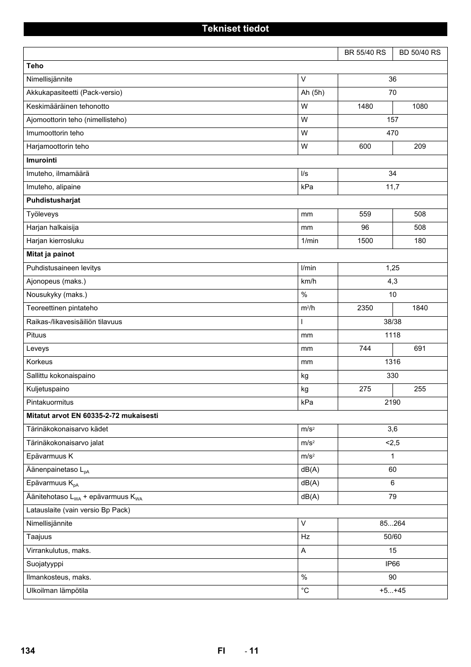 Tekniset tiedot | Karcher BD 50-40 RS Bp User Manual | Page 134 / 332