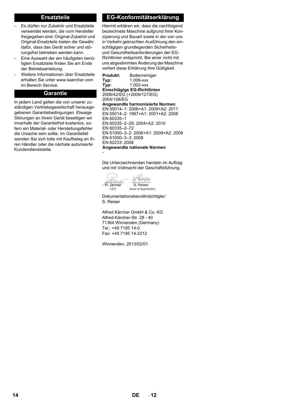 Ersatzteile garantie eg-konformitätserklärung | Karcher BD 50-40 RS Bp User Manual | Page 14 / 332