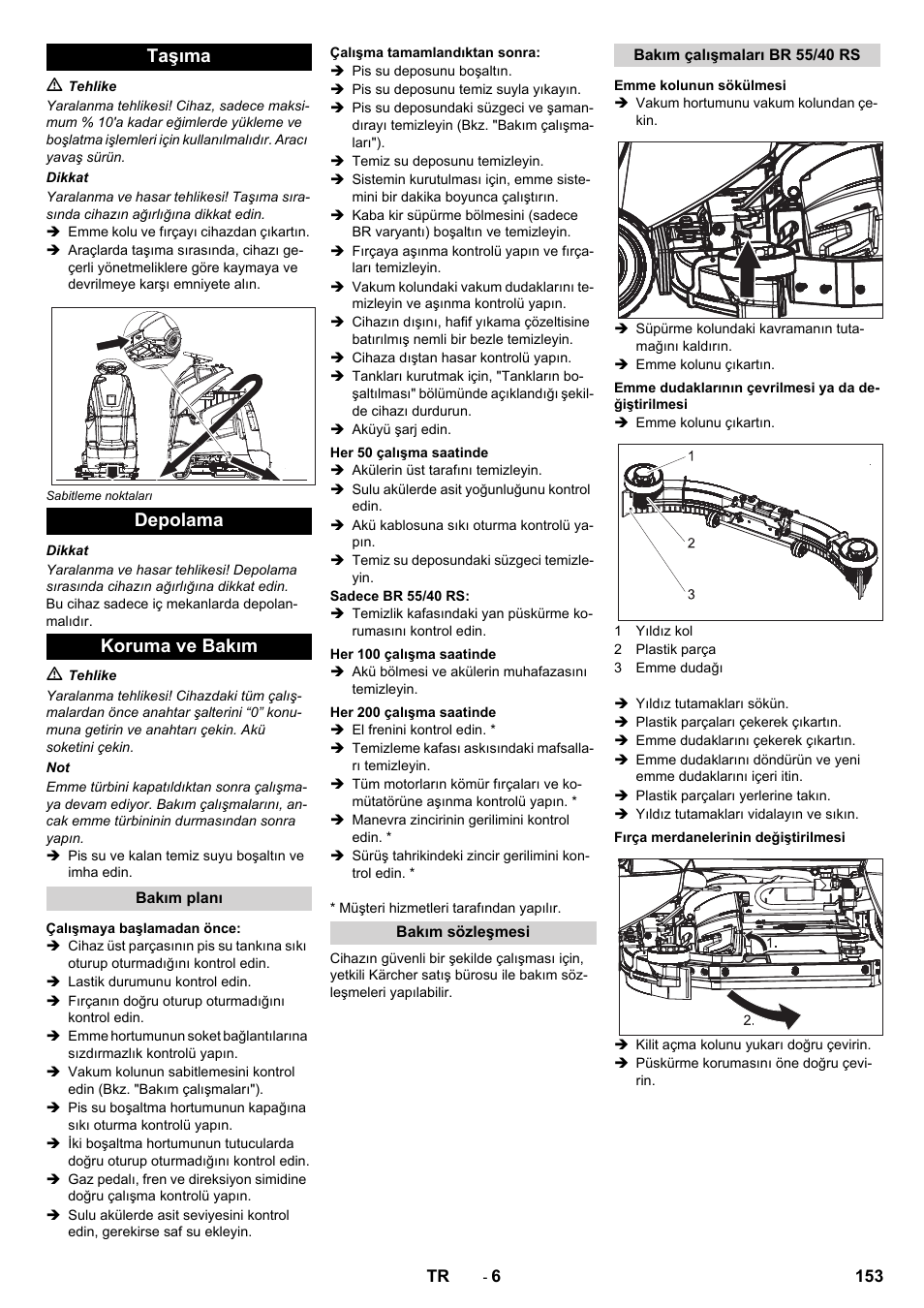 Taşıma depolama koruma ve bakım | Karcher BD 50-40 RS Bp User Manual | Page 153 / 332