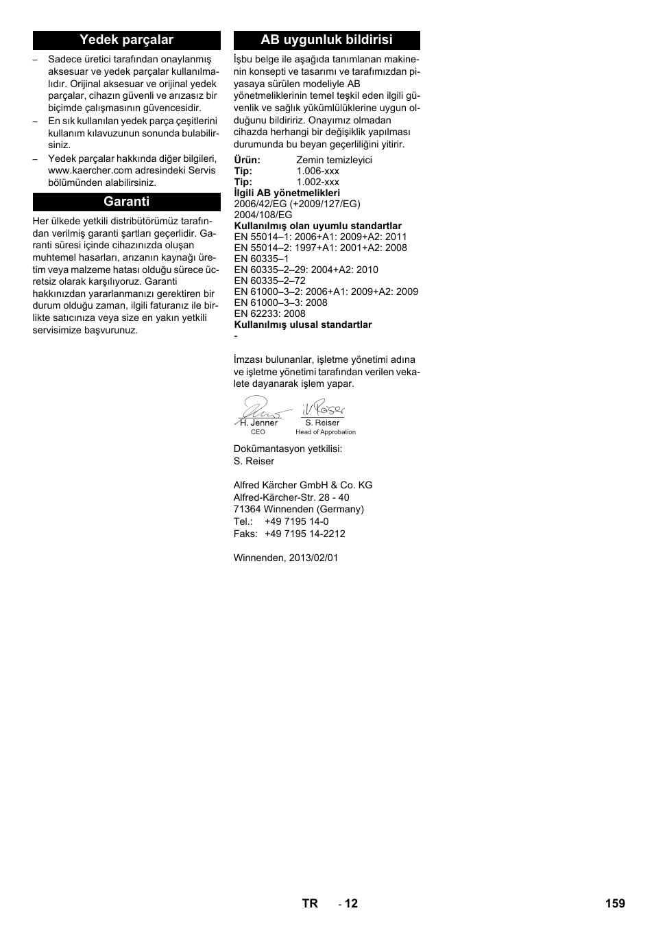 Yedek parçalar garanti ab uygunluk bildirisi | Karcher BD 50-40 RS Bp User Manual | Page 159 / 332