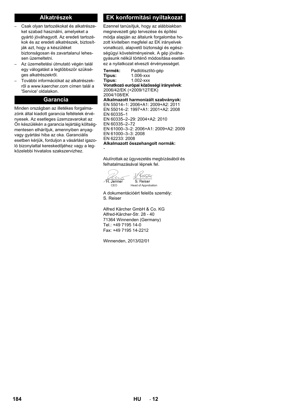Alkatrészek garancia ek konformitási nyiltakozat | Karcher BD 50-40 RS Bp User Manual | Page 184 / 332