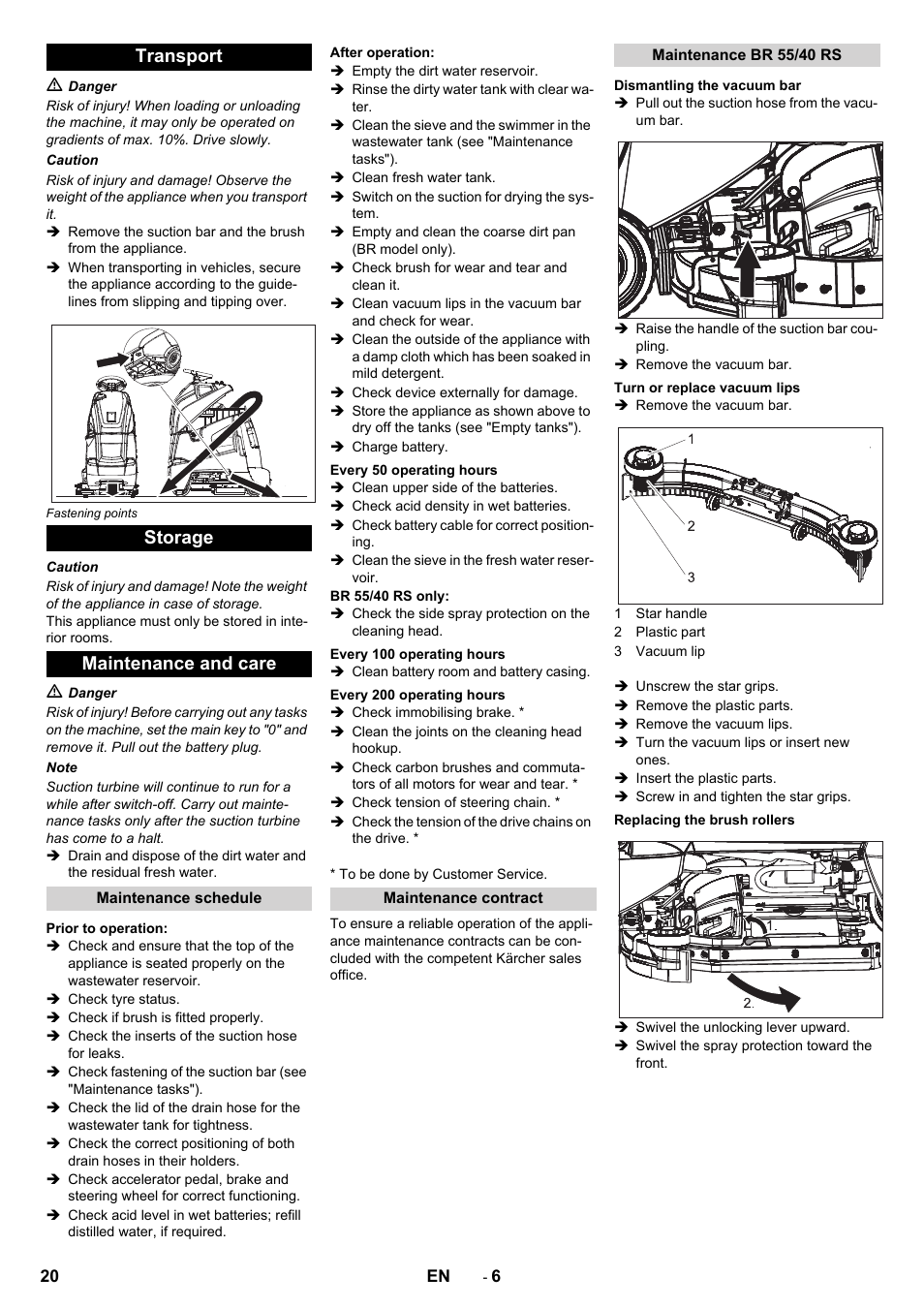 Transport storage maintenance and care | Karcher BD 50-40 RS Bp User Manual | Page 20 / 332