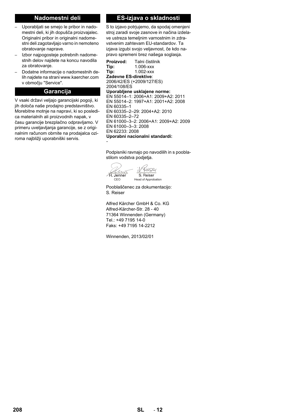 Nadomestni deli garancija es-izjava o skladnosti | Karcher BD 50-40 RS Bp User Manual | Page 208 / 332