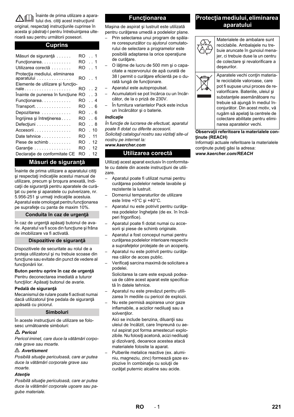 Româneşte, Cuprins, Măsuri de siguranţă | Karcher BD 50-40 RS Bp User Manual | Page 221 / 332