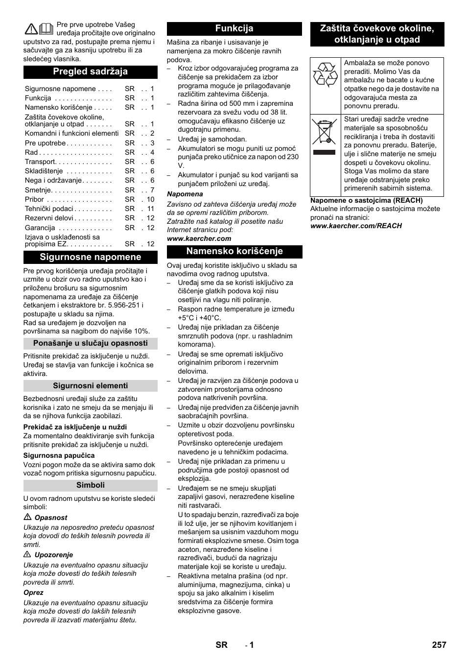 Srpski, Pregled sadržaja, Sigurnosne napomene | Karcher BD 50-40 RS Bp User Manual | Page 257 / 332