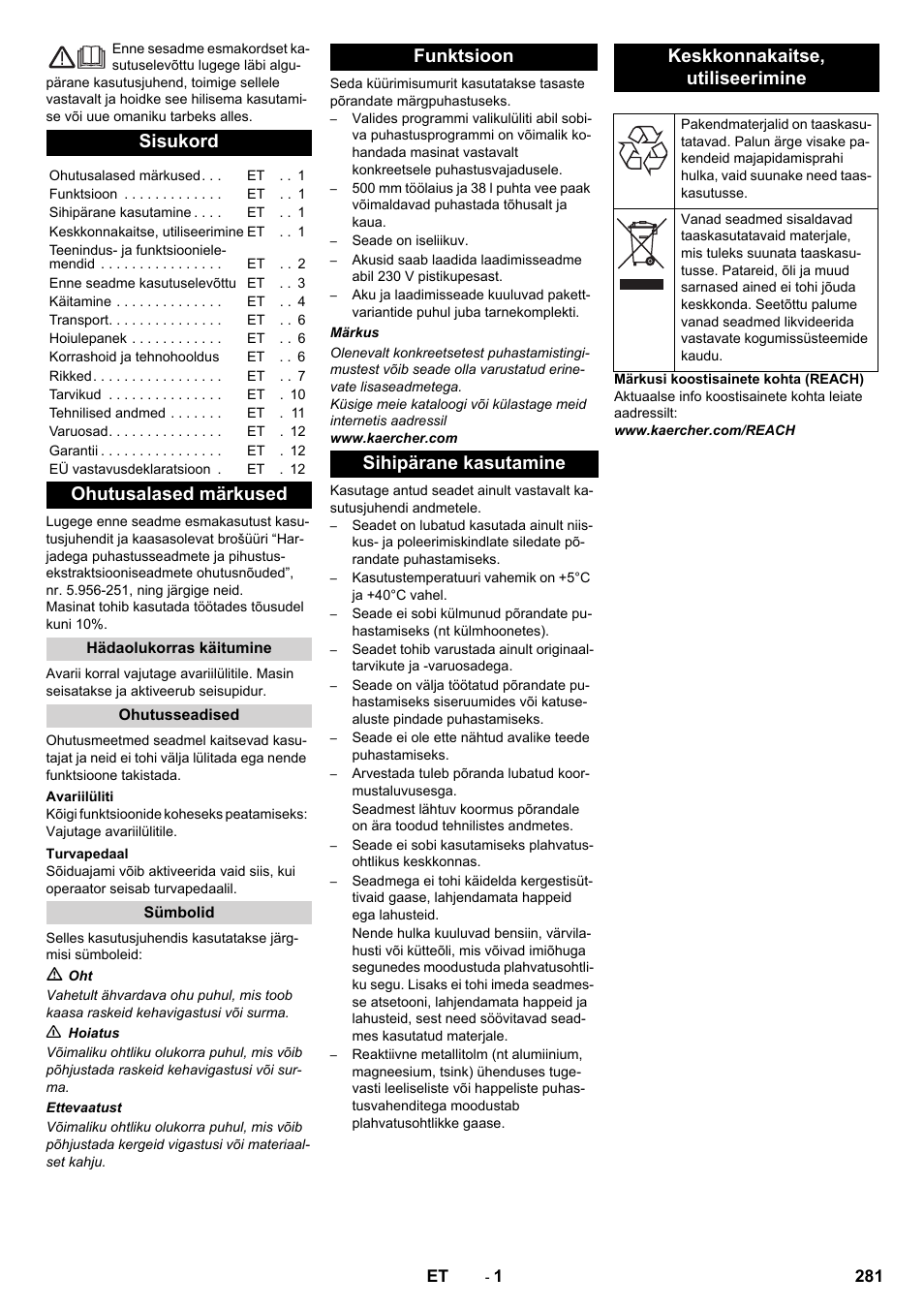 Eesti, Sisukord, Ohutusalased märkused | Karcher BD 50-40 RS Bp User Manual | Page 281 / 332