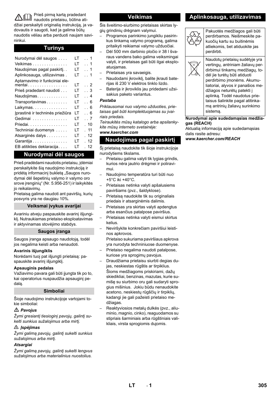 Lietuviškai, Turinys, Nurodymai dėl saugos | Karcher BD 50-40 RS Bp User Manual | Page 305 / 332
