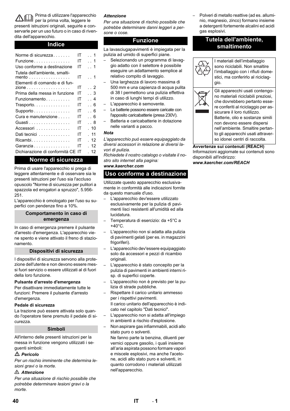 Italiano, Indice, Norme di sicurezza | Karcher BD 50-40 RS Bp User Manual | Page 40 / 332