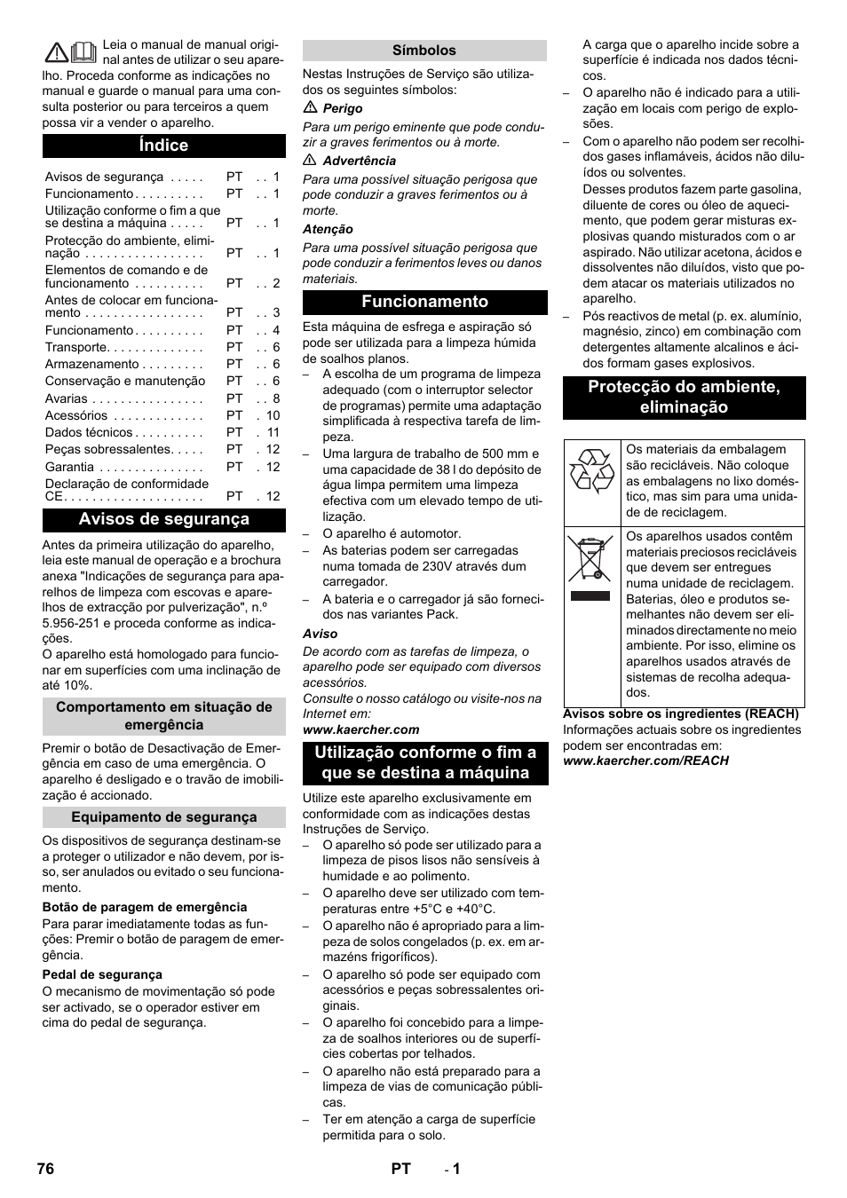 Português, Índice, Avisos de segurança | Karcher BD 50-40 RS Bp User Manual | Page 76 / 332