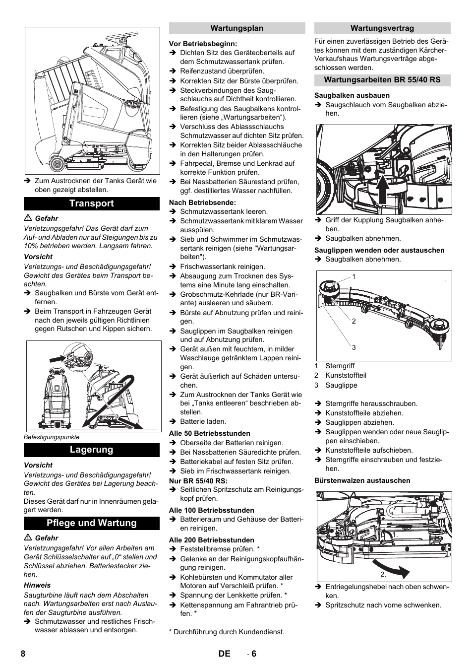 Transport lagerung pflege und wartung | Karcher BD 50-40 RS Bp User Manual | Page 8 / 332