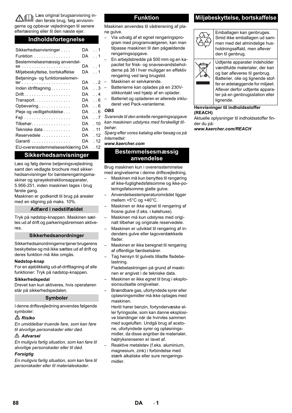 Dansk, Indholdsfortegnelse, Sikkerhedsanvisninger | Karcher BD 50-40 RS Bp User Manual | Page 88 / 332