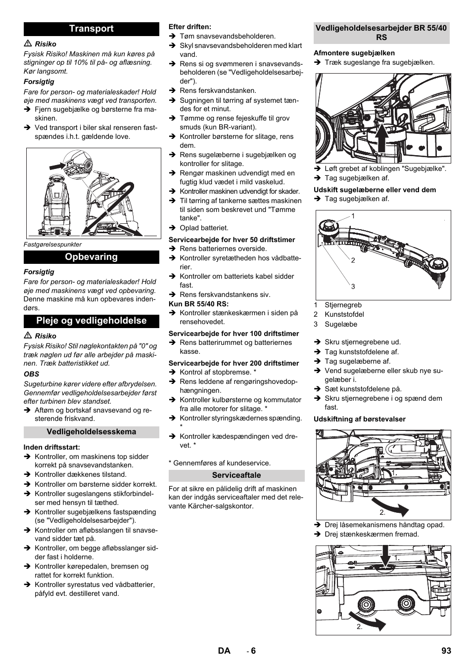 Transport opbevaring pleje og vedligeholdelse | Karcher BD 50-40 RS Bp User Manual | Page 93 / 332