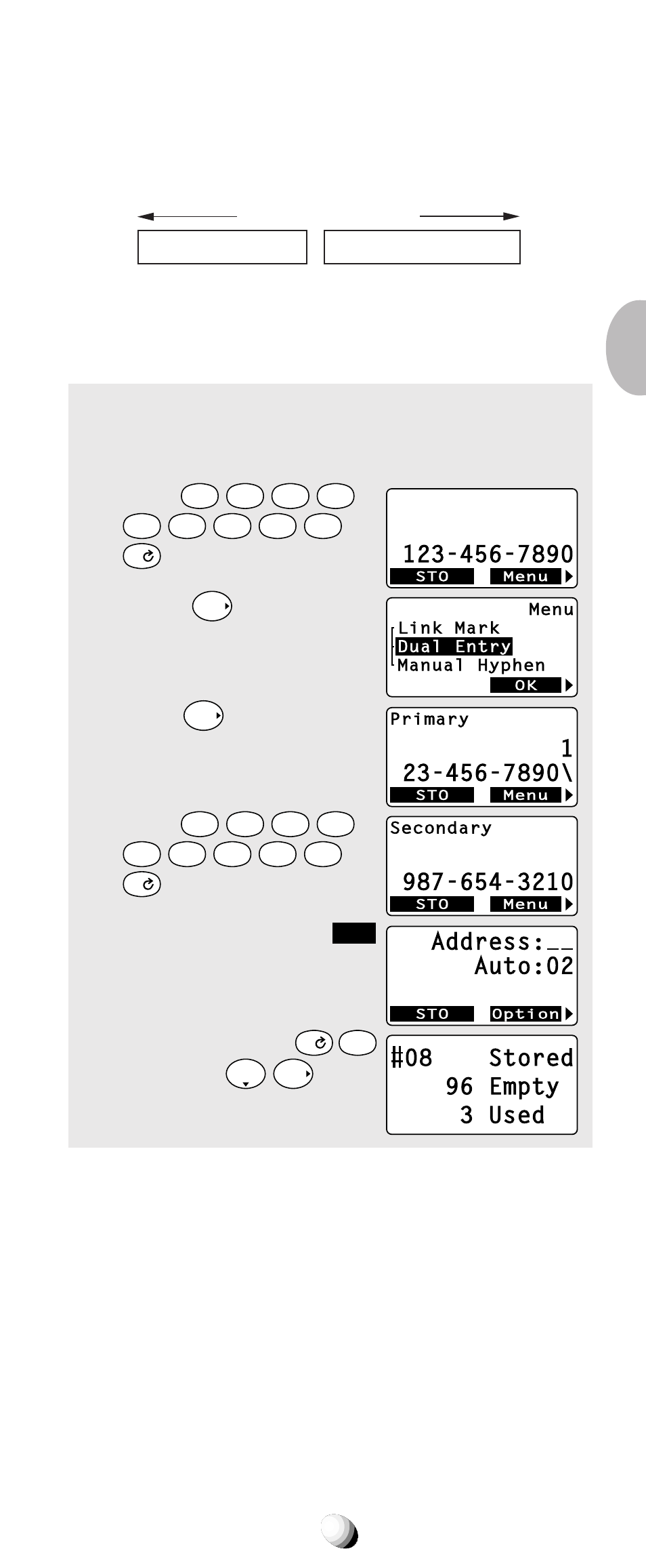 Storing dual numbers, Press, And scroll to “ dual entry ”. 3. press | The dual mark “ \ ” is in- serted. 4. enter, Press the key under, Three times. 6. enter the address, And press | Audiovox 9155-GPX User Manual | Page 37 / 107