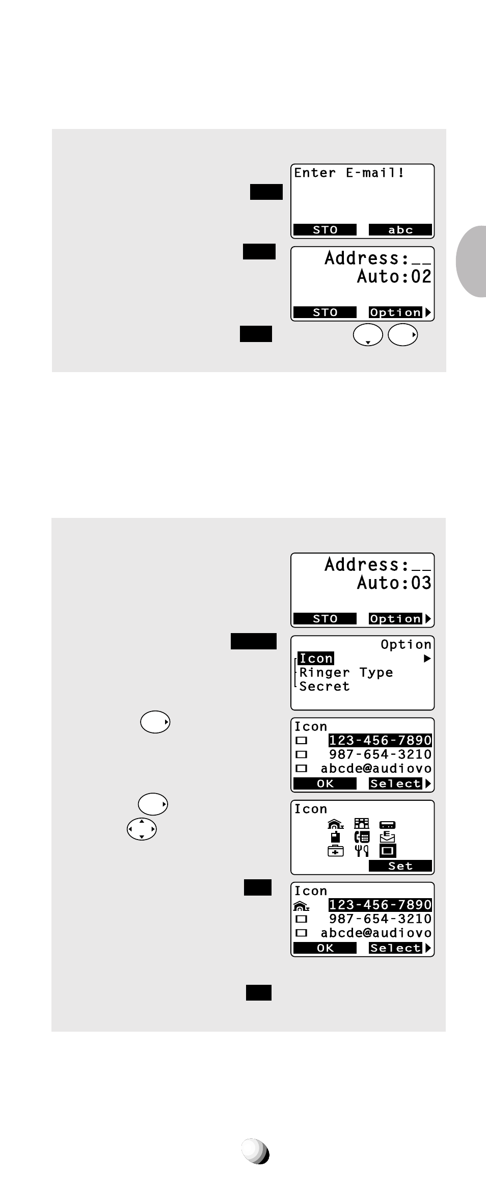 Storing e-mail addresses, Marking numbers with icons, Address: auto:02 | Address: auto:03, Press the key under, And press, Press, And scroll to a number to be marked. 4. press, And scroll icons with | Audiovox 9155-GPX User Manual | Page 39 / 107