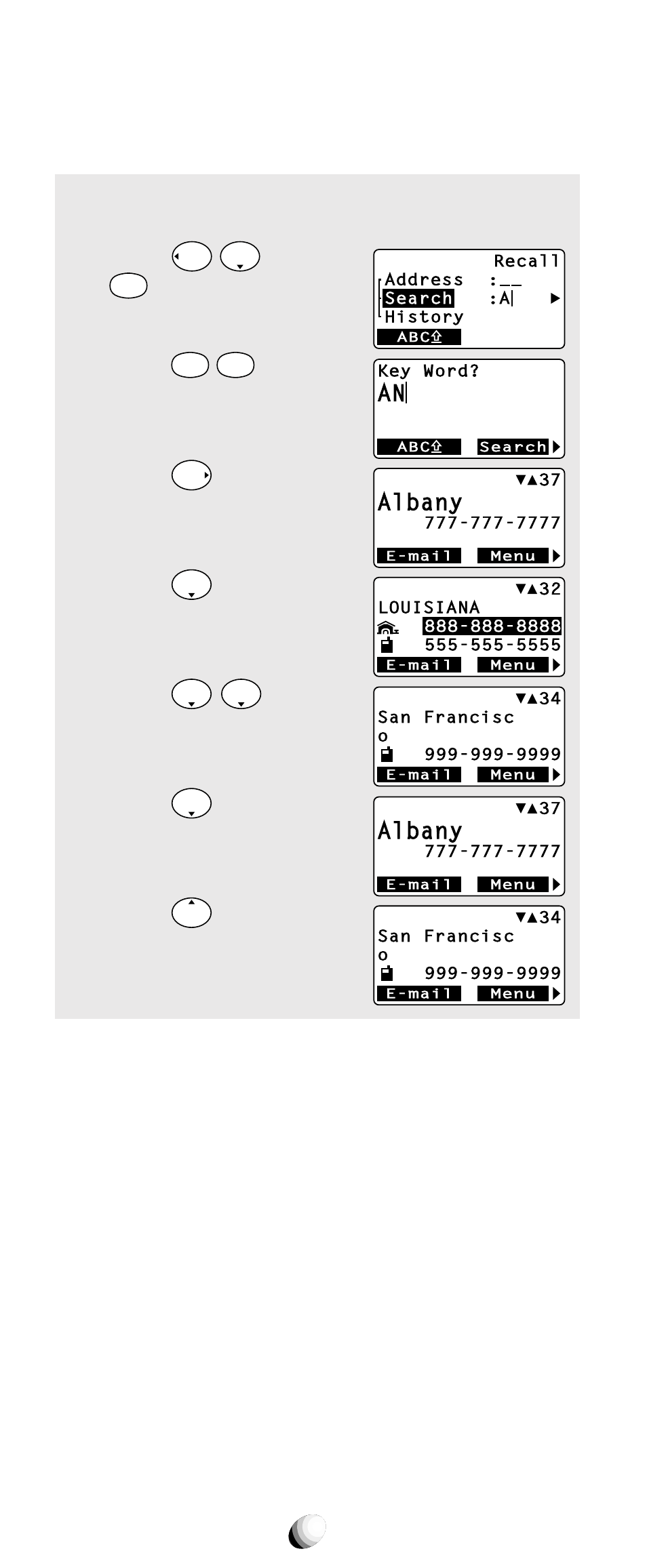 Phonebook key word search mode, Albany, And press | For “ a ”. 2. press, For “ n ”. 3. press, Press . 5. press . 6. press . 7. press | Audiovox 9155-GPX User Manual | Page 44 / 107