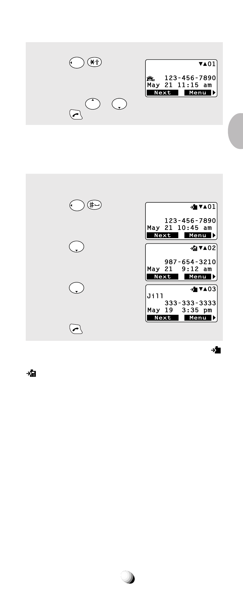 Reviewing outgoing call history, Reviewing incoming call history | Audiovox 9155-GPX User Manual | Page 55 / 107